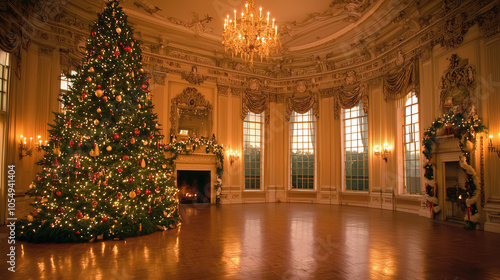 Wallpaper Mural A grand ballroom decorated for Christmas with a large Christmas tree and a fireplace.. Torontodigital.ca