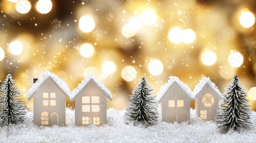 Snowy Christmas scene with miniature houses and trees in front of glowing lights..