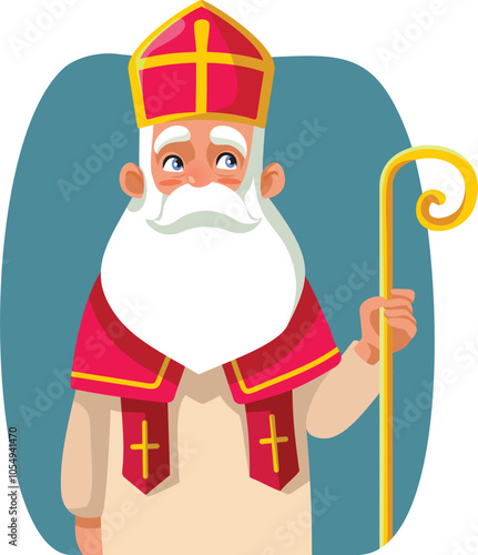 Saint Nicholas Character Holding his Scepter Vector Cartoon Illustration. Portrait of a traditional saint from cultural heritage legend  
