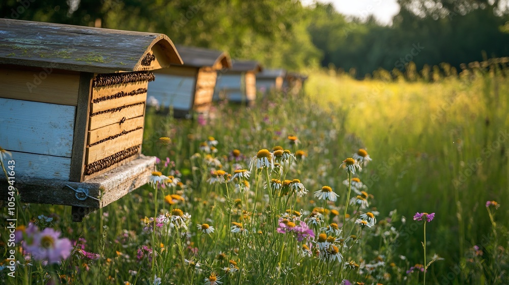 A traditional apiary in the countryside, with wooden beehives surrounded by wildflowers and tall grass. A traditional apiary in the countryside, with wooden beehives surrounded by wildflowers and tall grass.