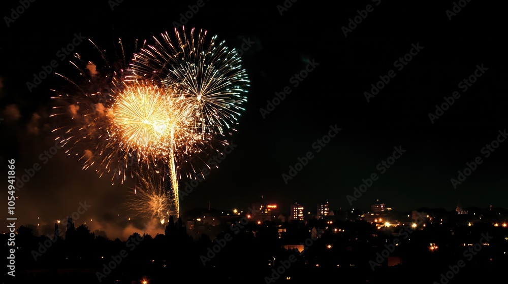 Fireworks lighting up the night sky over a city skyline, celebrating a holiday Fireworks lighting up the night sky over a city skyline, celebrating a holiday
