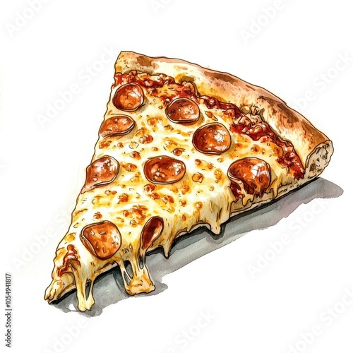 Illustration of a cheesy pepperoni pizza slice with melting cheese effects. photo