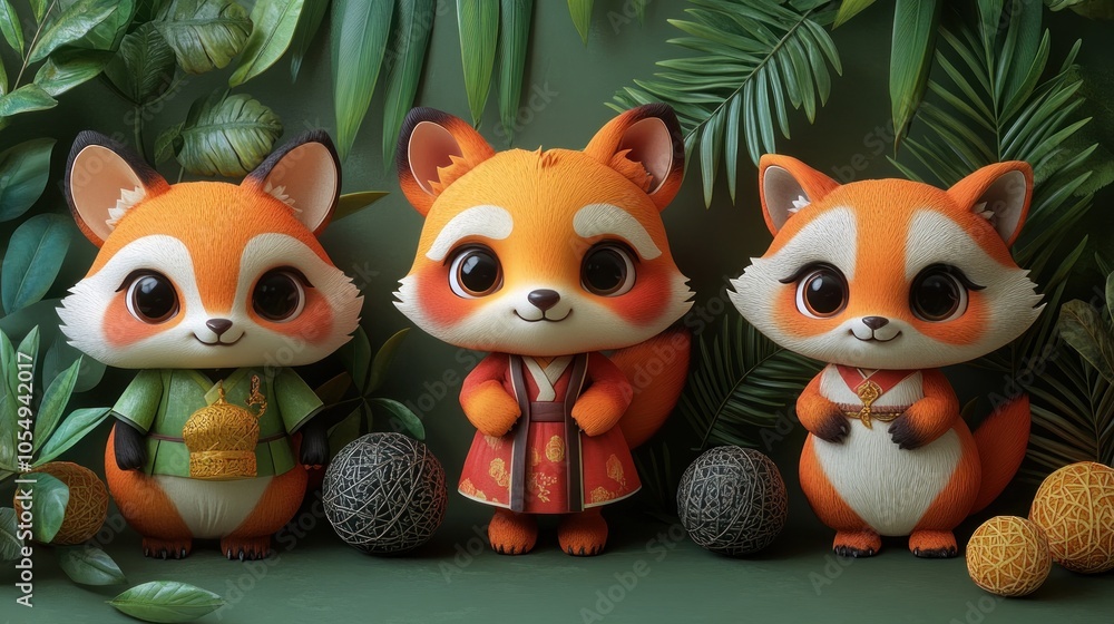 Fototapeta premium Three Cartoon Foxes Dressed in Traditional Chinese Clothing