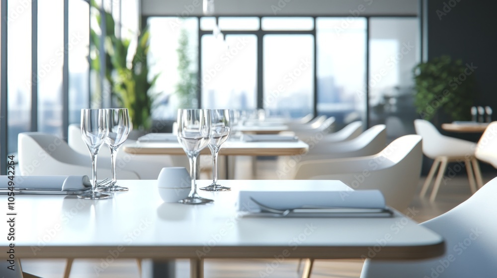 Modern dining area with elegant table settings and large windows. Modern dining area with elegant table settings and large windows.