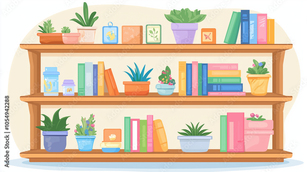 A wooden bookshelf filled with plants and books.. A wooden bookshelf filled with plants and books..
