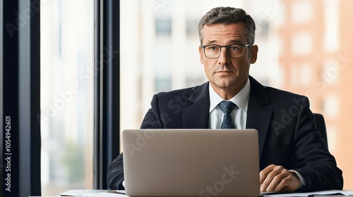 A professional man in business attire working on a laptop at an office desk, showcasing concentration and professionalism in a corporate environment.