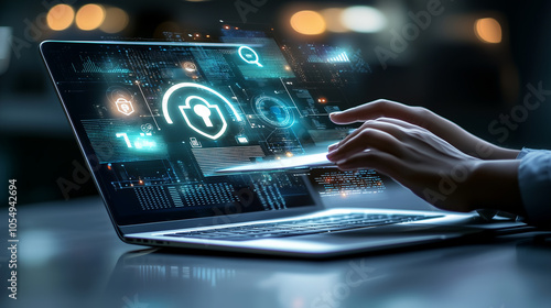 Close-up of hands typing on a laptop with a digital lock icon on the screen..