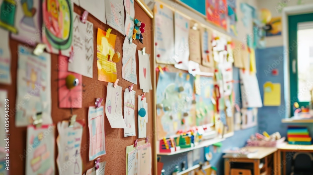 Fototapeta premium A classroom bulletin board filled with paper notices and artwork
