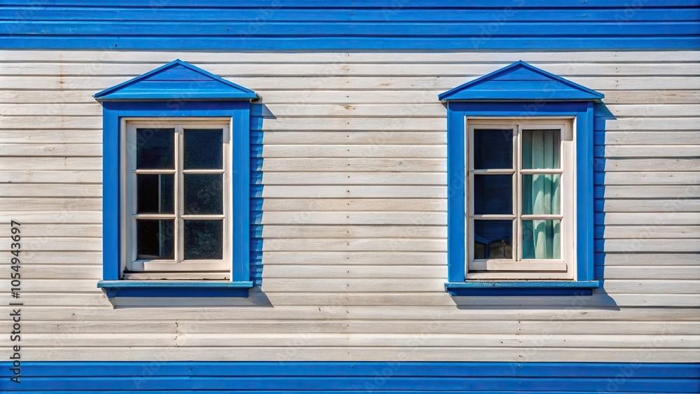 White and blue wooden building with windows Close-Up White and blue wooden building with windows Close-Up