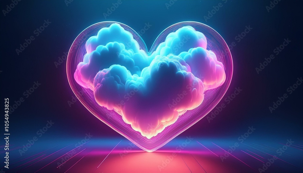 Whimsical 3D rendering of a heart-shaped cloud with neon glow, creating a visually striking element for love-themed illustrations and designs. Whimsical 3D rendering of a heart-shaped cloud with neon glow, creating a visually striking element for love-themed illustrations and designs.