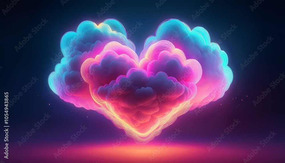 Whimsical 3D rendering of a heart-shaped cloud with neon glow, creating a visually striking element for love-themed illustrations and designs. Whimsical 3D rendering of a heart-shaped cloud with neon glow, creating a visually striking element for love-themed illustrations and designs.
