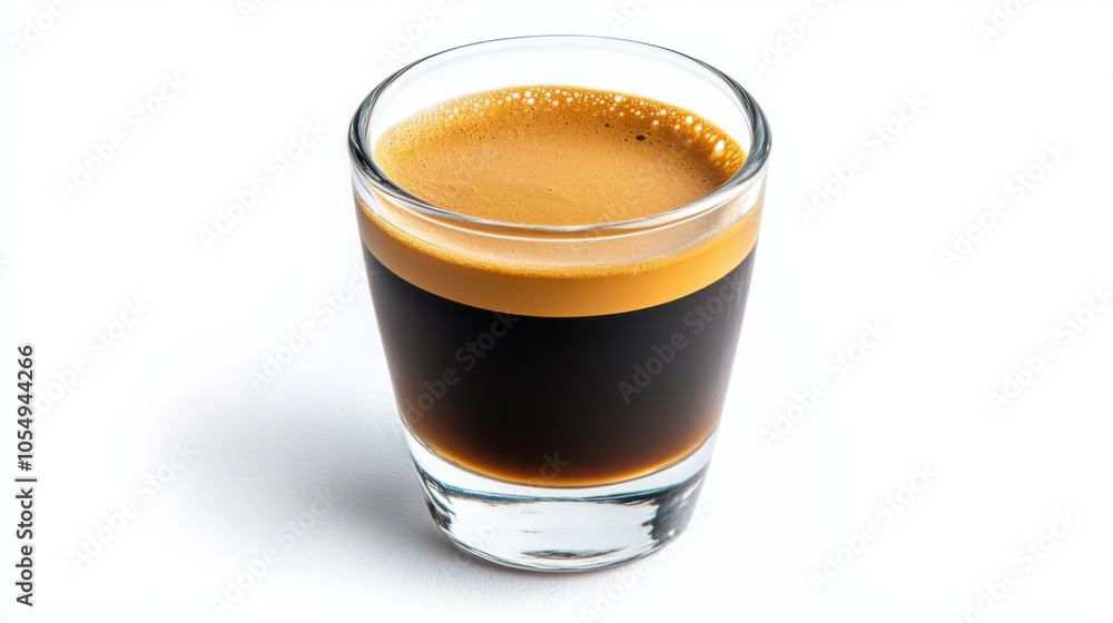 close up of glass of espresso showcasing rich layers of coffee and crema, perfect for coffee lovers. close up of glass of espresso showcasing rich layers of coffee and crema, perfect for coffee lovers.
