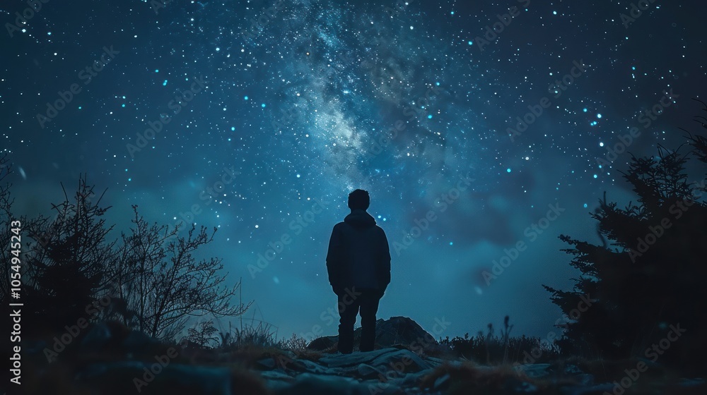 Night sky filled with stars and the Milky Way galaxy, with a deep navy blue backdrop, evoking a sense of wonder Night sky filled with stars and the Milky Way galaxy, with a deep navy blue backdrop, evoking a sense of wonder