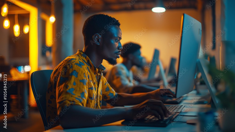 Young Black Man Working on Computer in Office Setting Young Black Man Working on Computer in Office Setting