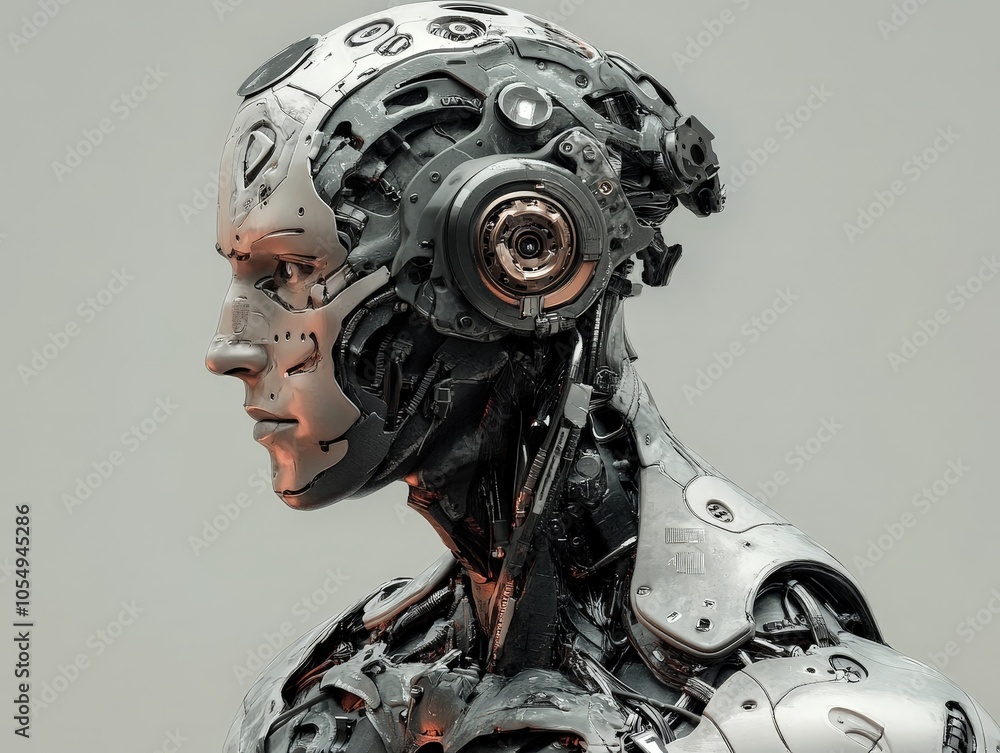 AI-generated conceptual art of a humanoid robot, blending organic and mechanical forms in a seamless fusion of man and machine.
