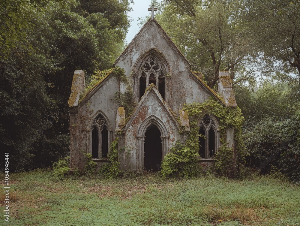 An abandoned chapel in the countryside, with crumbling walls and vines creeping through the broken windows. An abandoned chapel in the countryside, with crumbling walls and vines creeping through the broken windows.