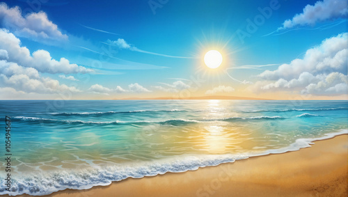 Scenic beach with bright sun and clear blue sky