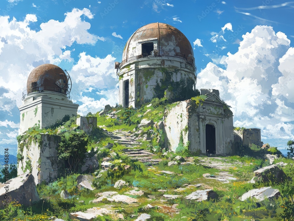 Fototapeta premium An abandoned observatory on a hilltop, with broken telescopes and crumbling stone walls, surrounded by overgrown grass.