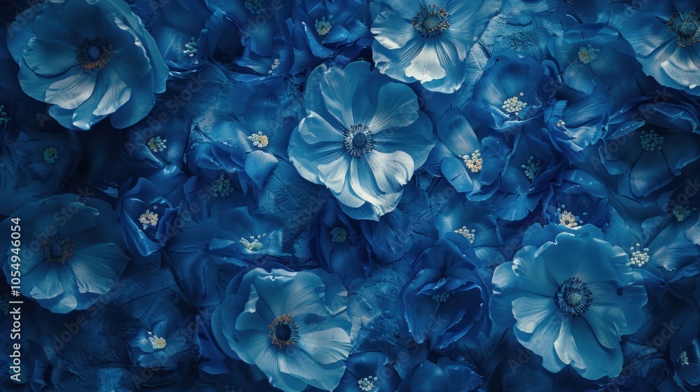 Textured deep blue with hand-drawn flowers in varying shades of blue and white, blending art with nature Textured deep blue with hand-drawn flowers in varying shades of blue and white, blending art with nature