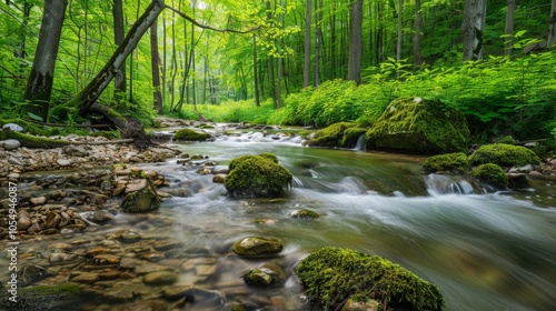 A clear stream flowing through a lush, green forest in spring