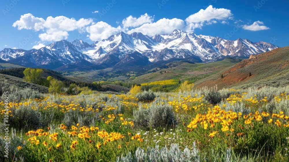 Spring mountainscape with blooming flowers at the base of snow-capped peaks Spring mountainscape with blooming flowers at the base of snow-capped peaks