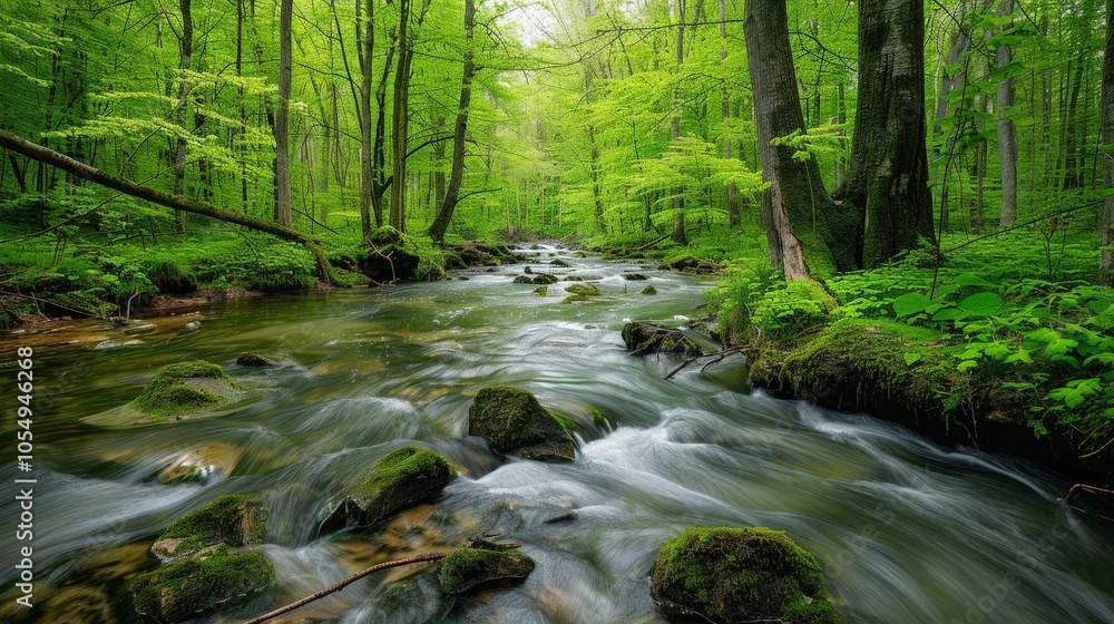A clear stream flowing through a lush, green forest in spring A clear stream flowing through a lush, green forest in spring