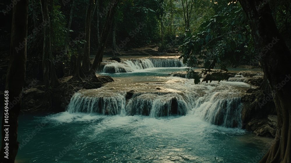 Fototapeta premium Serene Waterfalls in a Lush Green Forest