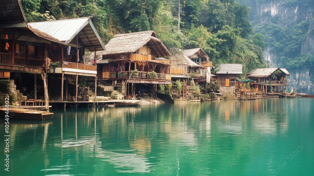 Naklejka premium Serene Lakeside Cottages Surrounded by Lush Greenery