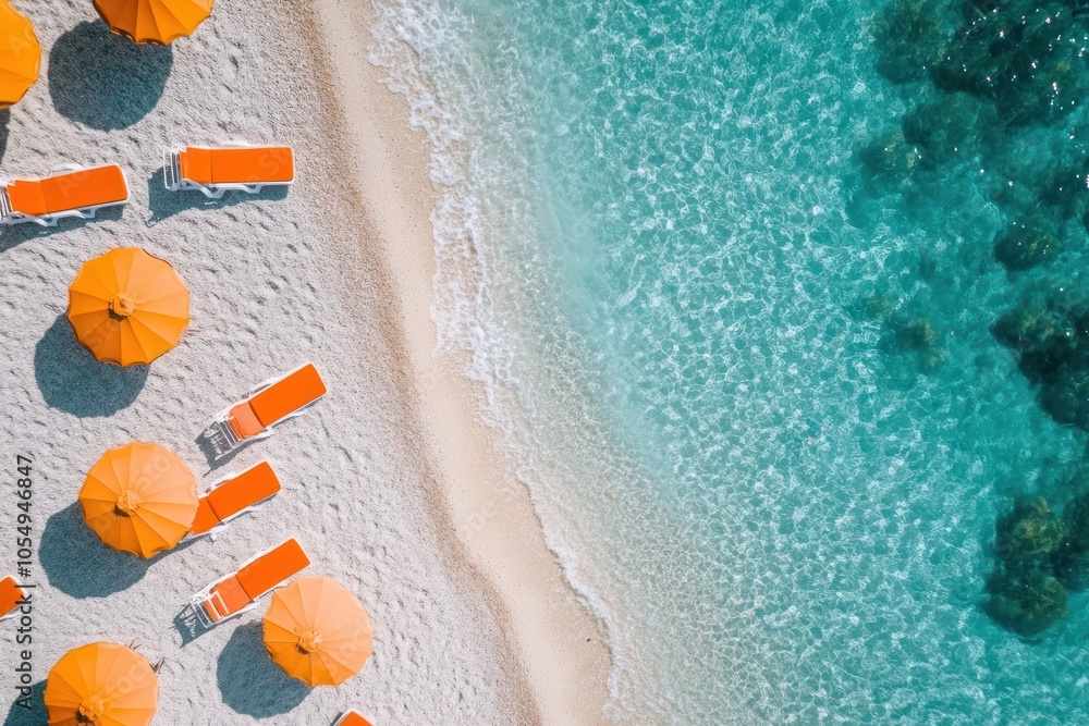 Naklejka premium Summer vacation on a beach with sun loungers, umbrellas, and crystal-clear water