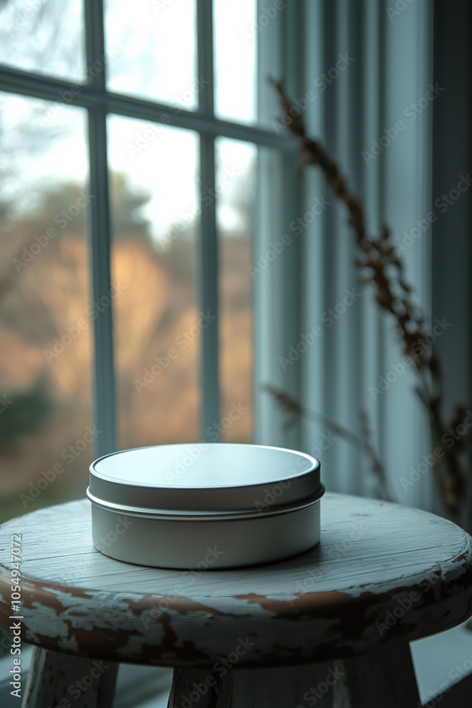 Simple white container on a wooden stool beside a sunny window in a cozy room during evening light Simple white container on a wooden stool beside a sunny window in a cozy room during evening light