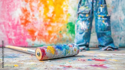 Colorful Painting Scene with Roller and Splattered Wall photo