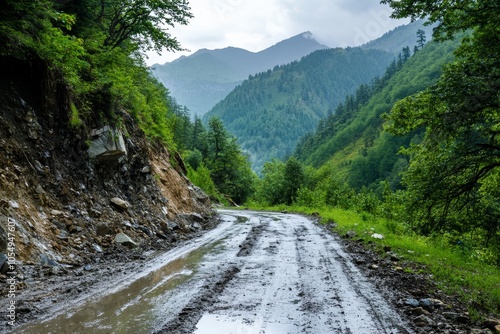 Scenic mountain road post landslide a cautionary view of nature s power and beauty