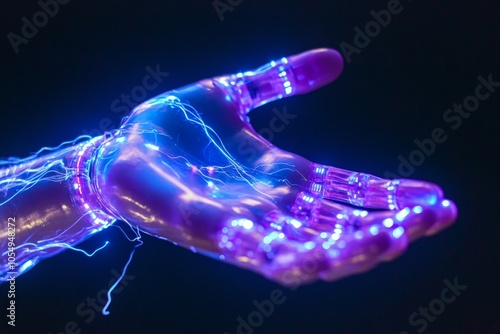 Robotic hand in cyberspace  visualizing data lines and power surges for a digital experience photo