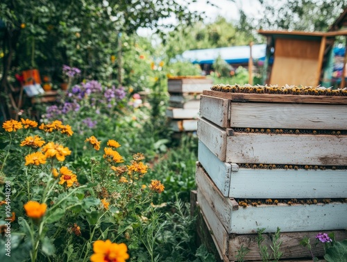 An eco-friendly apiary in a community garden, with wooden beehives surrounded by vegetables and flowers.