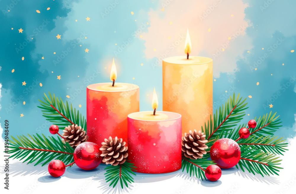 Burning candles, fir branches and cones on a festive background. Illustration, postcard Burning candles, fir branches and cones on a festive background. Illustration, postcard