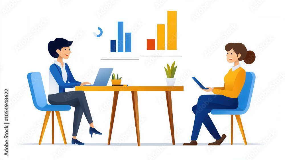 business coach guiding client through decision making process in modern office setting. scene features charts, plants, and collaborative atmosphere business coach guiding client through decision making process in modern office setting. scene features charts, plants, and collaborative atmosphere