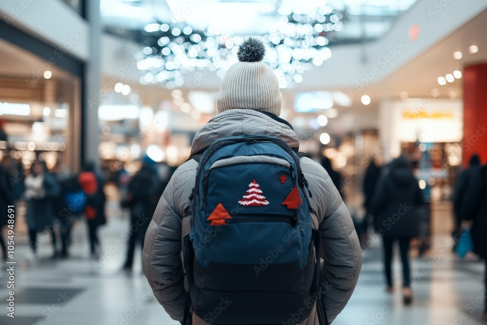 A person in a winter coat with a themed backpack walks into a bustling holiday-decorated mall, reflecting the spirit of festivity and exploration. A person in a winter coat with a themed backpack walks into a bustling holiday-decorated mall, reflecting the spirit of festivity and exploration.