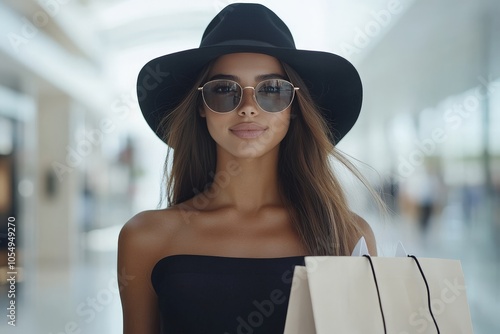 A fashionable woman wearing a large hat and sunglasses holds multiple shopping bags, exuding elegance and poise, while standing in a bright indoor mall setting.