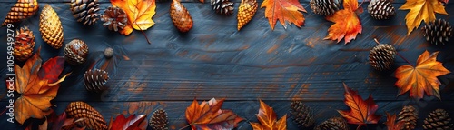 A vibrant, side-lit shot emphasizing the textures of maple and oak leaves intermixed with shiny apples and pumpkins, set against a simple backdrop, extensive panoramic space above photo