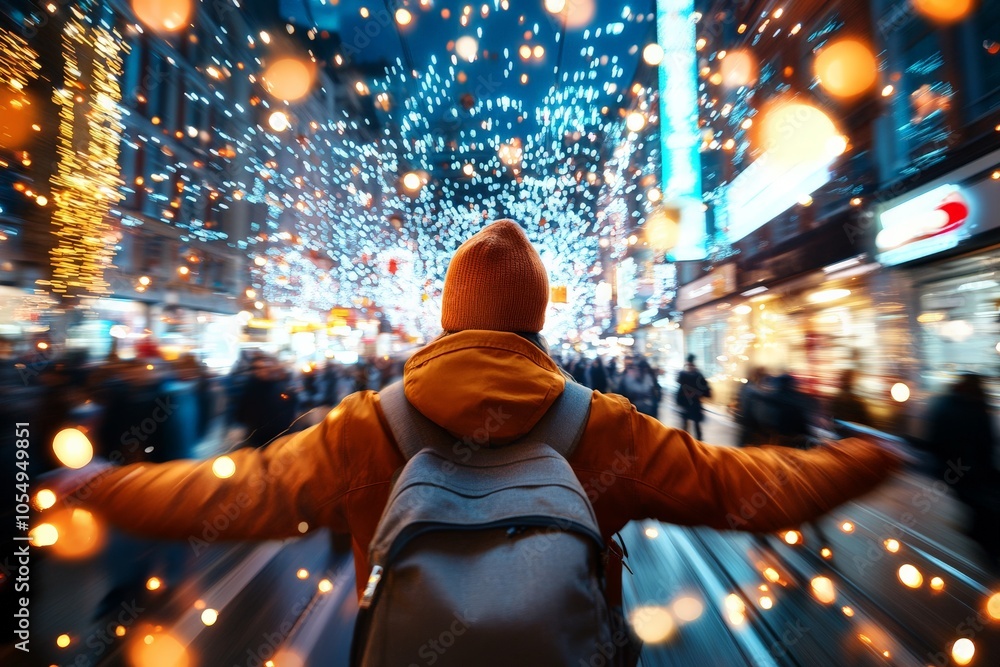 In a bustling city adorned with glowing lights, a person with outstretched arms embraces the festive atmosphere, symbolizing joy and celebration during the holidays. In a bustling city adorned with glowing lights, a person with outstretched arms embraces the festive atmosphere, symbolizing joy and celebration during the holidays.