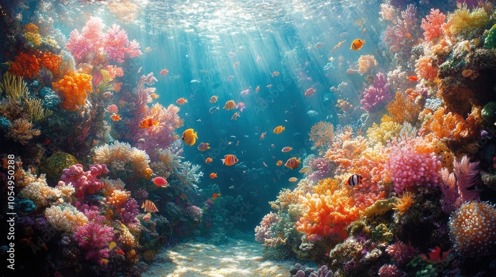 Fototapeta premium Vibrant underwater scene with colorful corals and fish.