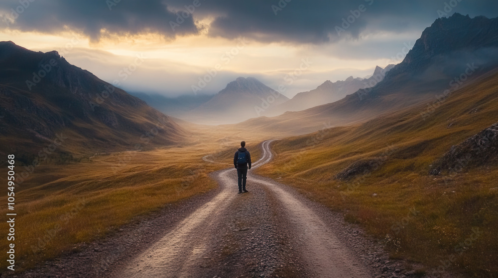 person standing at crossroads in scenic landscape, contemplating their journey. vast mountains and winding paths evoke sense of adventure and reflection person standing at crossroads in scenic landscape, contemplating their journey. vast mountains and winding paths evoke sense of adventure and reflection