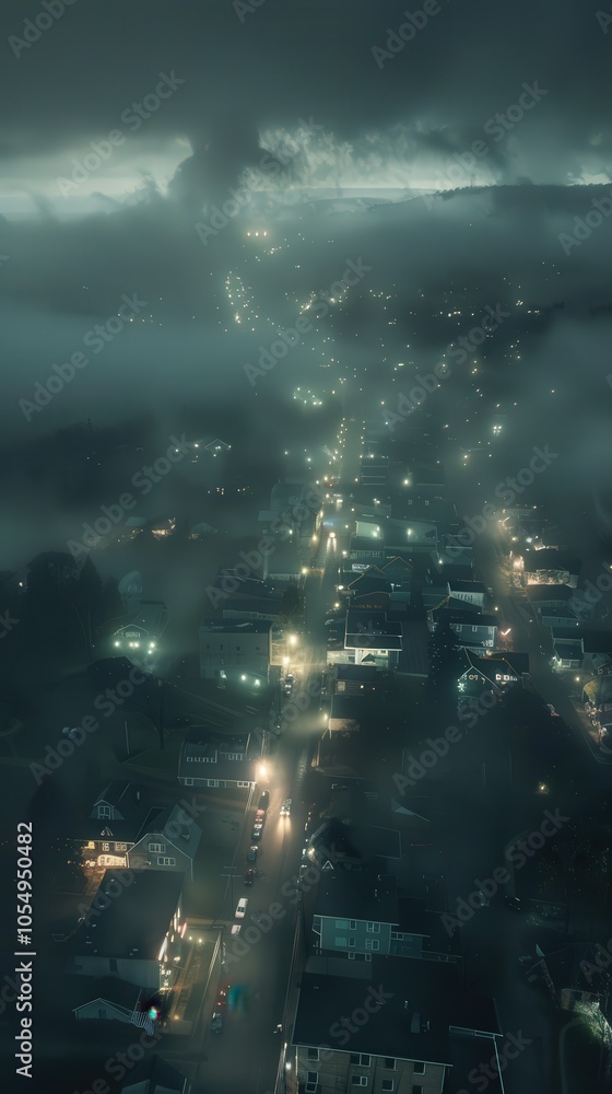 Obraz premium Foggy Nocturne: Eerie Aerial View of a Town Hidden in Dense Night Fog 