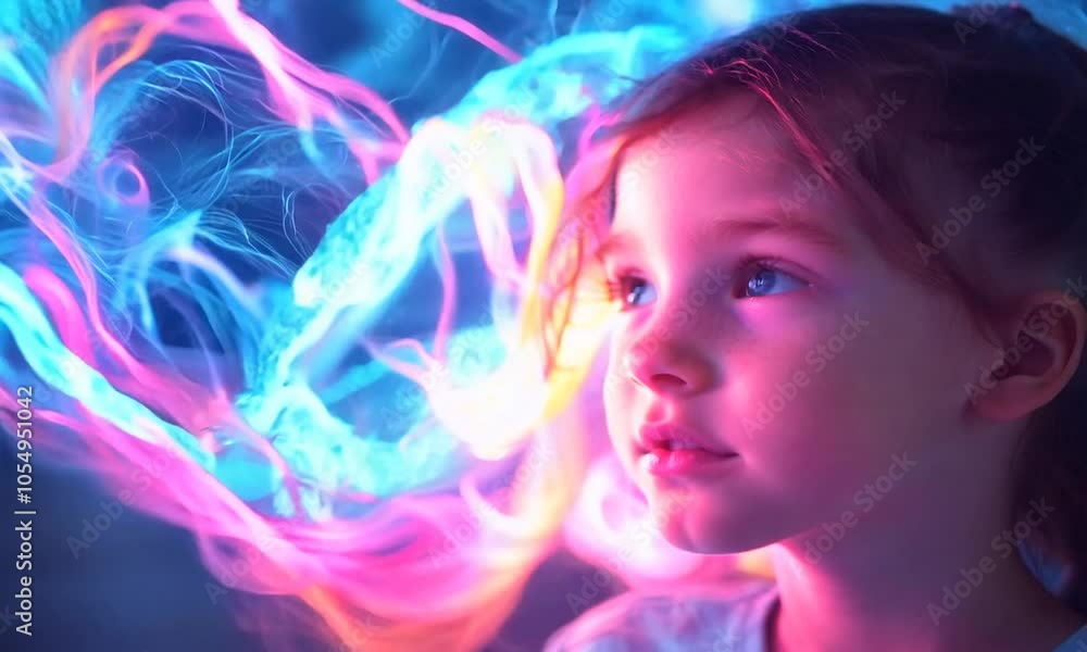 A young girl gazes thoughtfully, surrounded by vibrant, swirling colors resembling energy or thoughts. A young girl gazes thoughtfully, surrounded by vibrant, swirling colors resembling energy or thoughts.