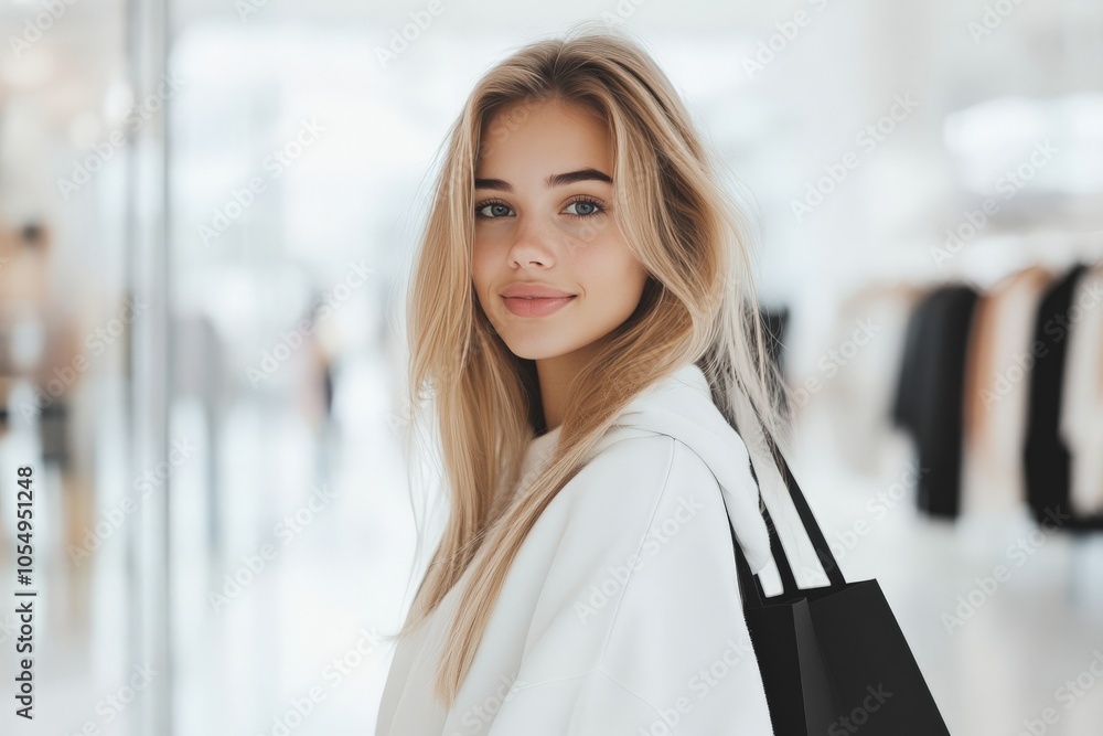 Fototapeta premium A young woman with long blonde hair smiles warmly inside a bright shopping mall, portraying a sense of joy and contentment while enjoying her day.