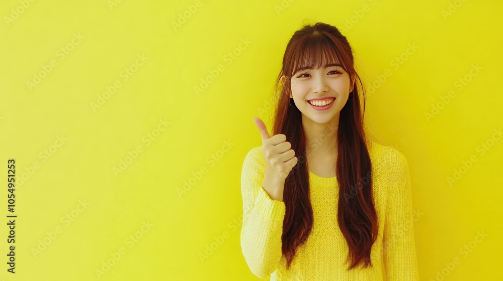 Happy Woman Giving Thumbs Up on Yellow Background Happy Woman Giving Thumbs Up on Yellow Background