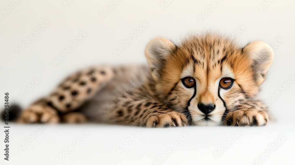 Obraz premium Adorable 4 month old baby cheetah lying down with playful expression, showcasing its beautiful fur and distinctive spots. This charming animal captivates with its innocent gaze