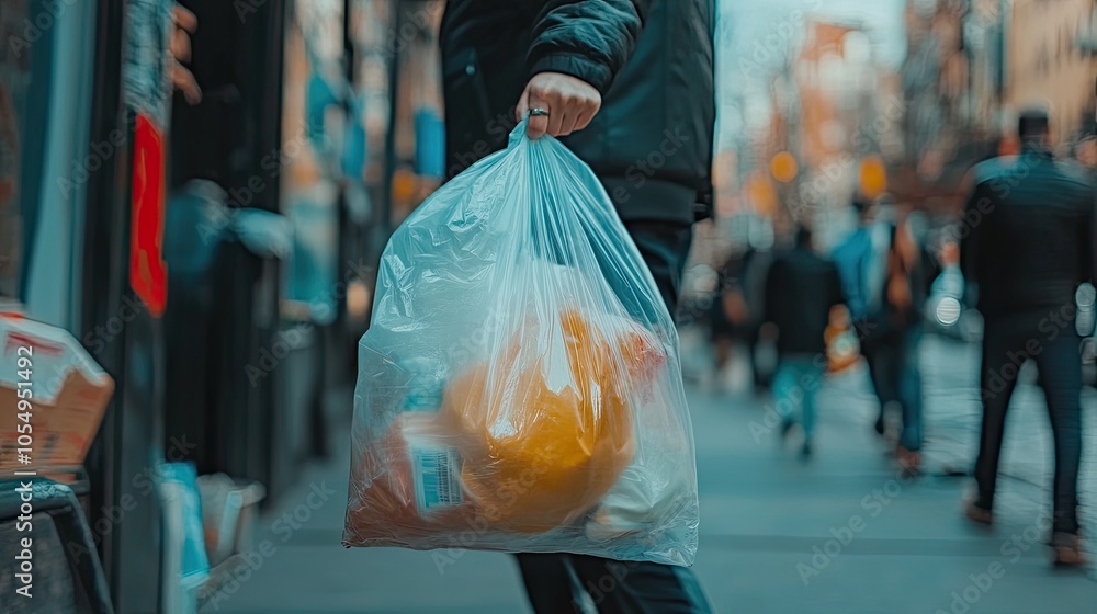 Obraz premium Person Carrying Plastic Bag on Busy City Street
