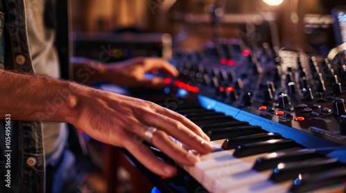 A close-up of a musician's hands on a keyboard synthesizer