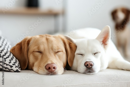 Two serene dogs lie comfortably on a soft couch, peacefully sleeping side by side, embodying companionship, comfort, and calm, in a welcoming home setting.